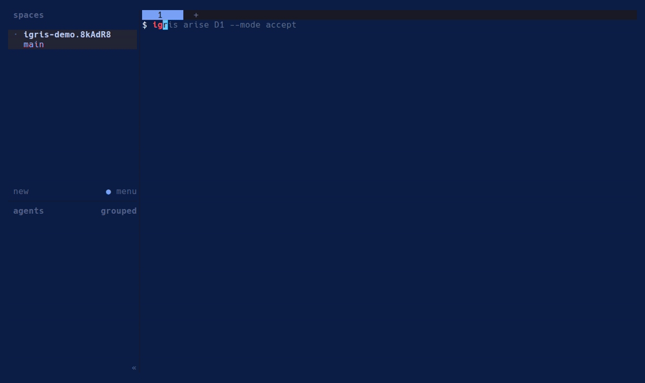 igris running a two-task phase in herdr: each task gets a fresh Claude Code session on the model the plan assigns, sonnet then opus, and the phase completes
