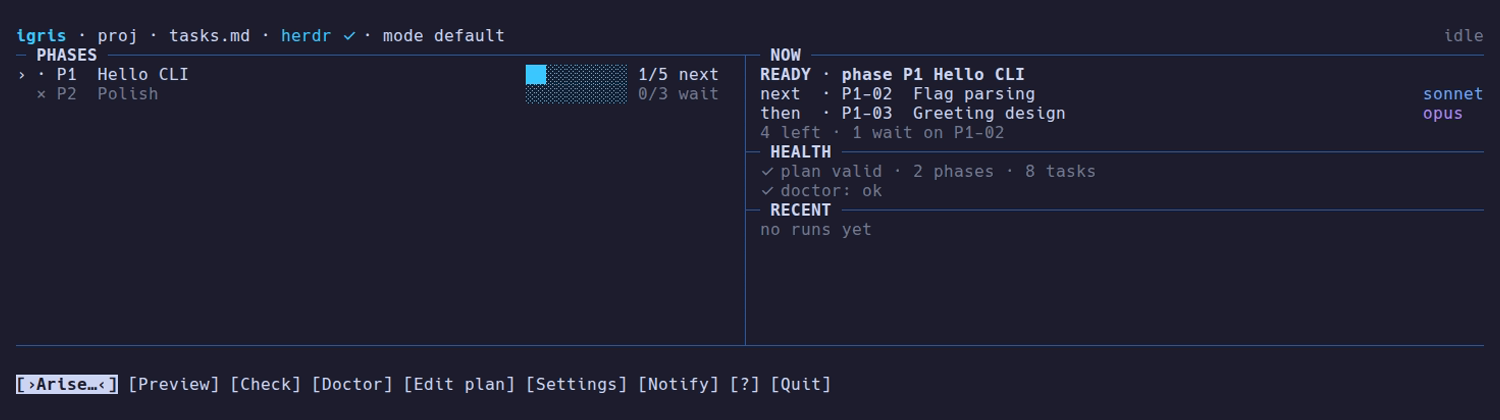 igris home screen on a wide terminal: phases P1 and P2 with progress bars, a NOW card naming the next tasks P1-02 on sonnet and P1-03 on opus, a HEALTH section with the plan and doctor checks, a RECENT section and an action bar